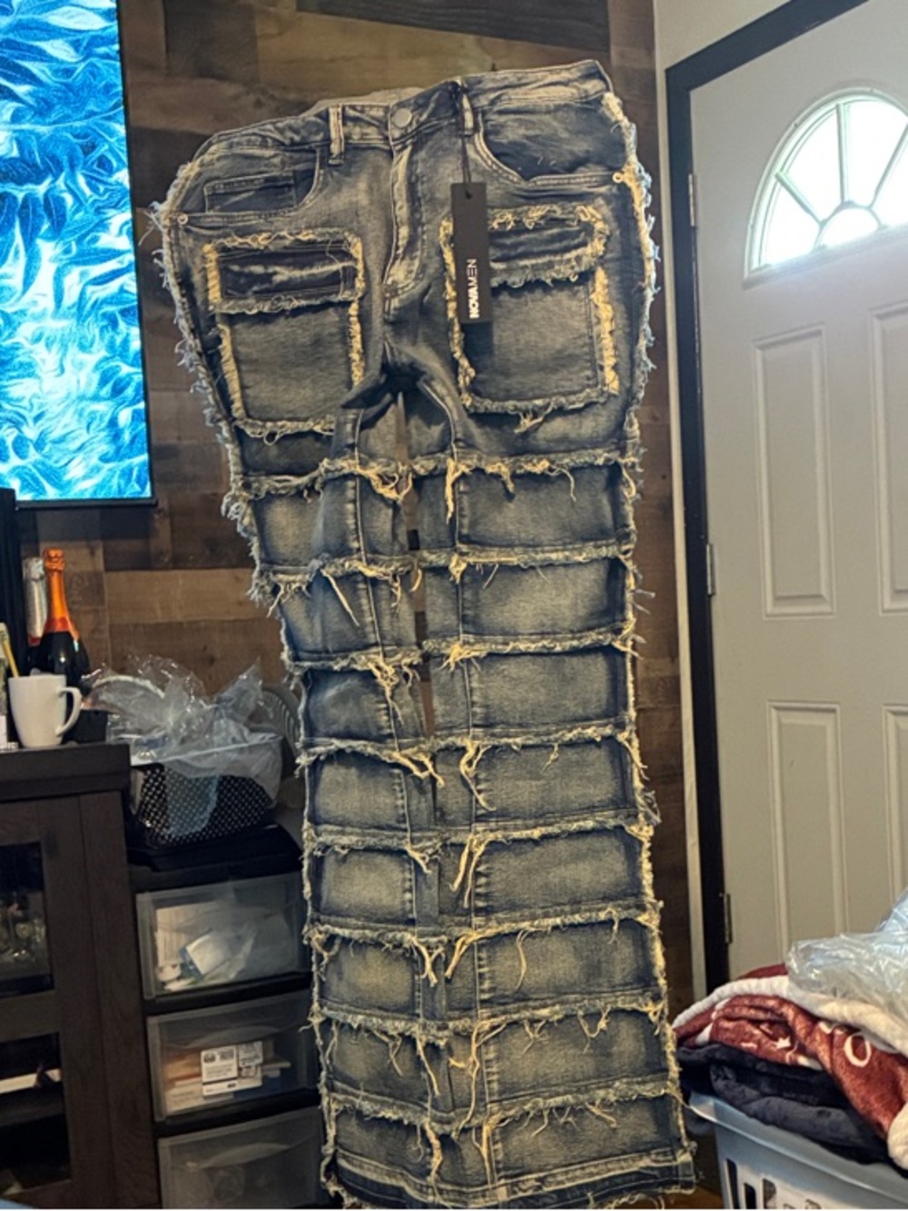 Fashion Nova Men’s Distressed Blue Patchwork Bootcut Jeans